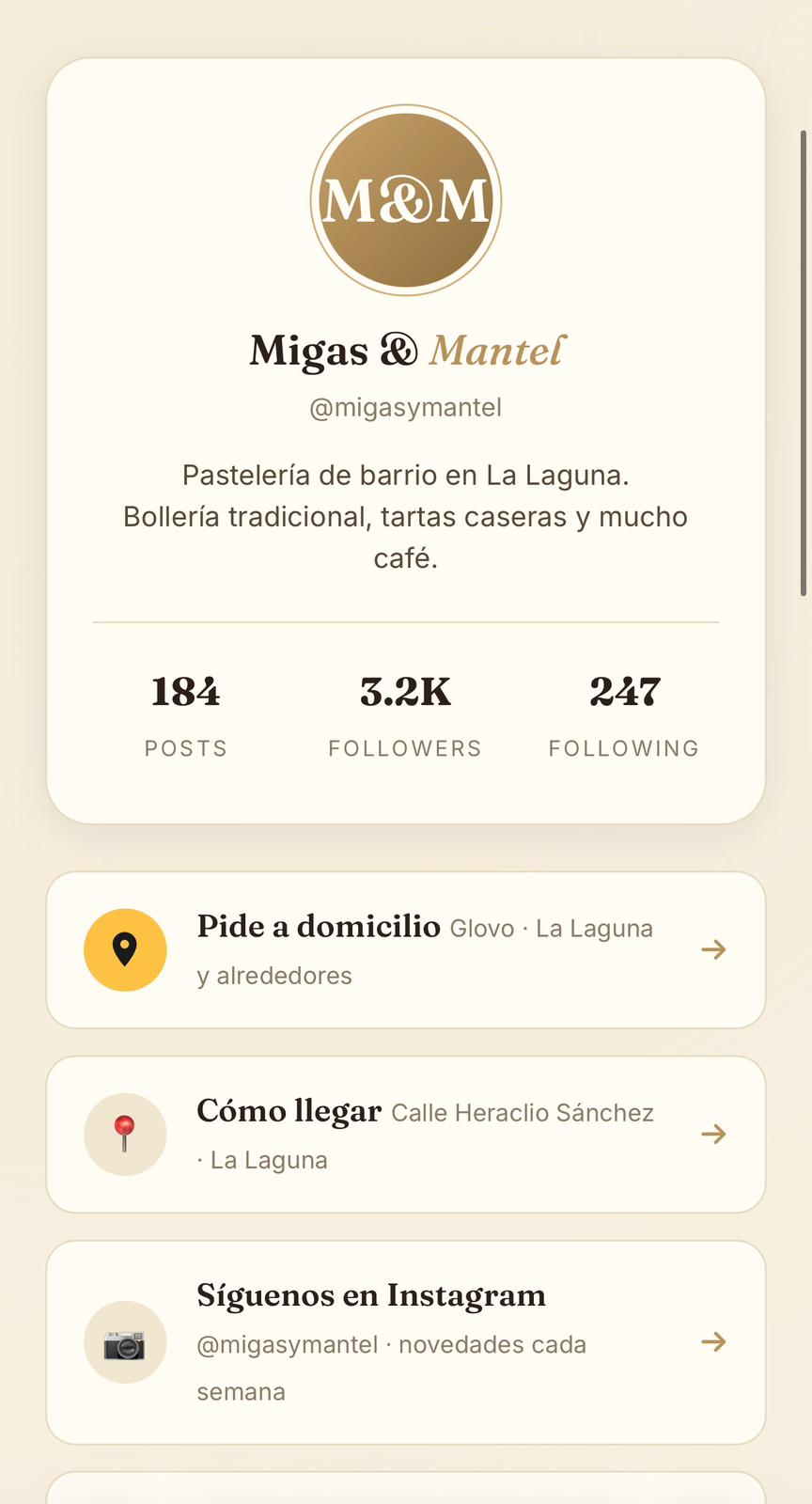 Migas y Mantel · vista móvil